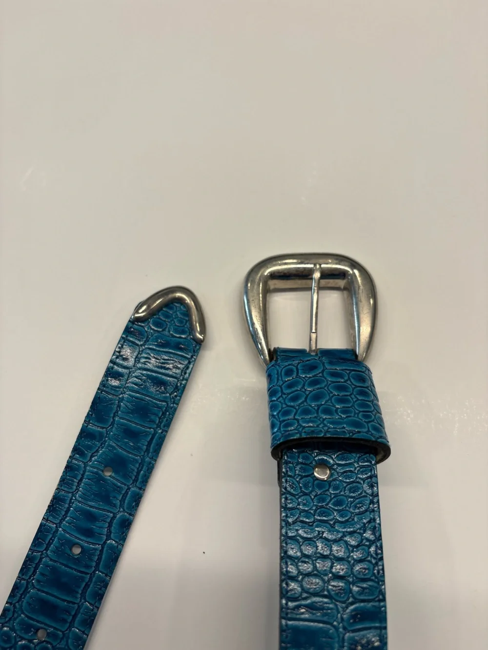 Vintage Genuine Bonded Leather Belts Yellow and Blue Croc-Embossed Set of 2